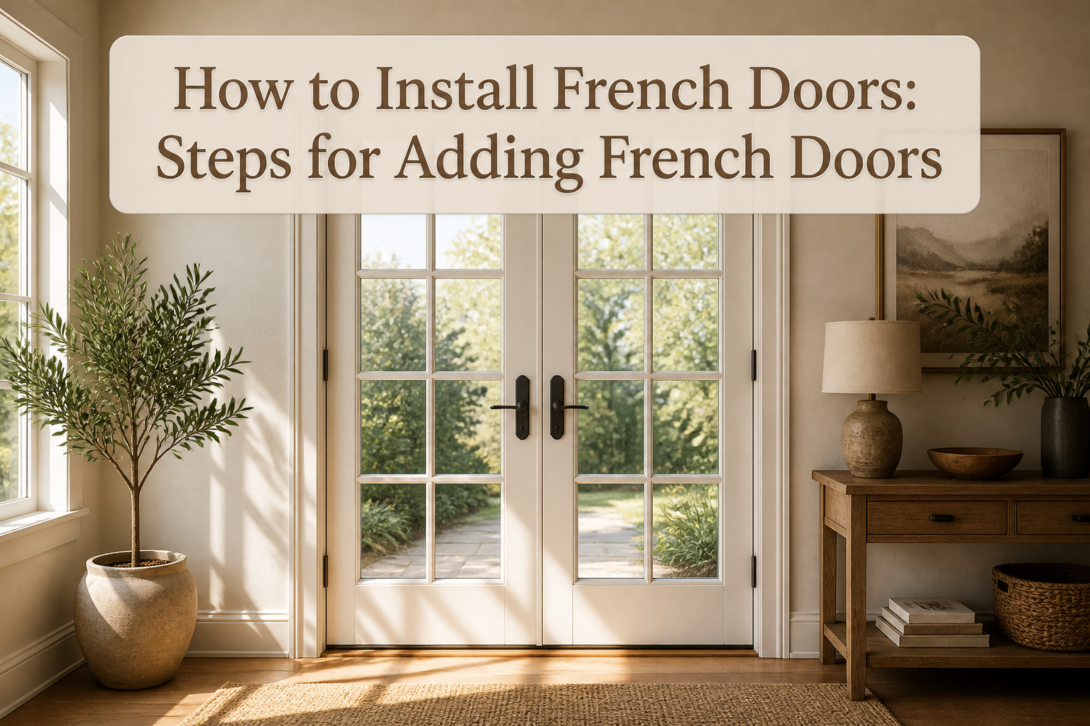 French doors with elegant wood finish and intricate paneling design.