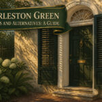 Historic home with Charleston Green shutters against a brick facade.