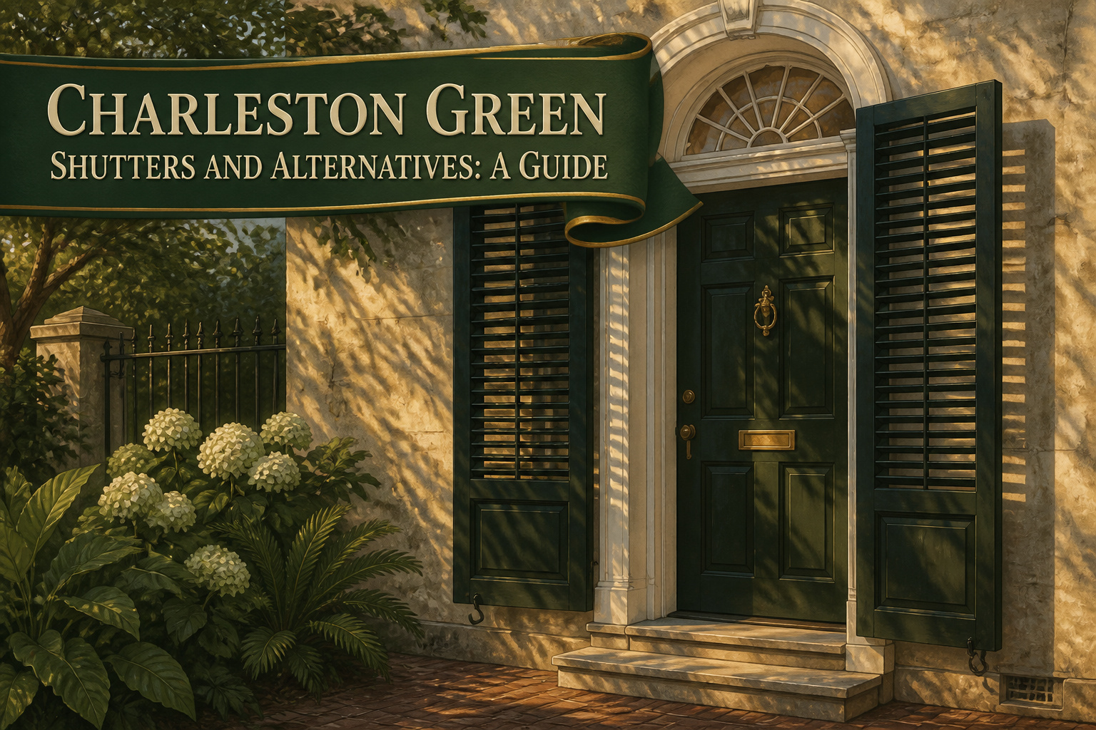 Historic home with Charleston Green shutters against a brick facade.