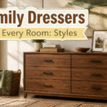 Different styles of family dressers arranged in a visually appealing manner.