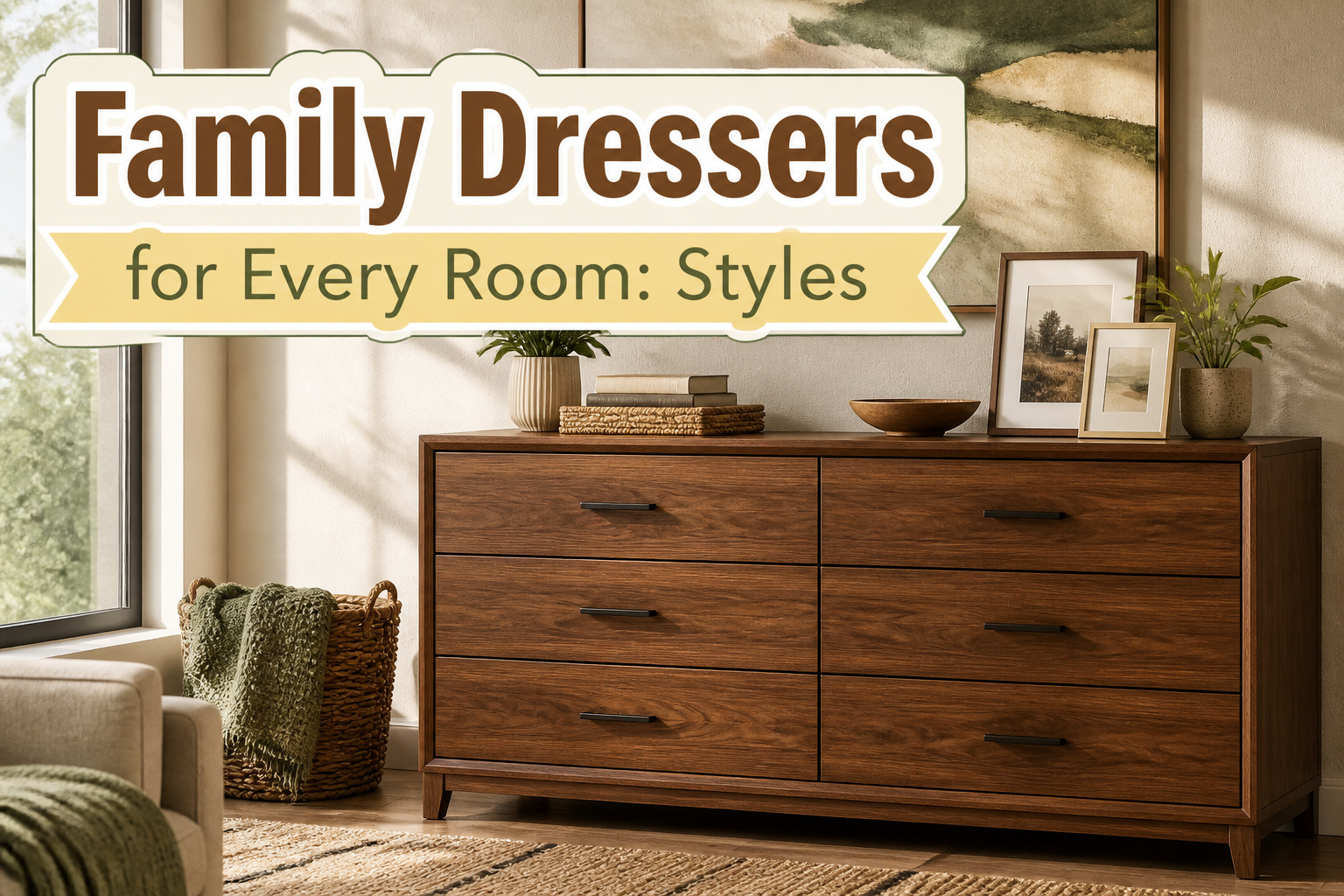 Different styles of family dressers arranged in a visually appealing manner.