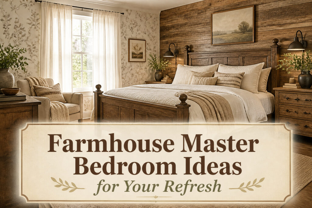 Farmhouse master bedroom featuring soft colors and natural materials.