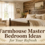 Farmhouse master bedroom featuring soft colors and natural materials.
