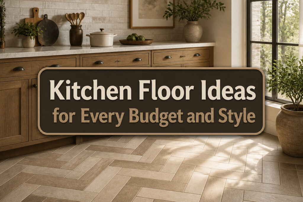 Collage of different kitchen flooring types including tile, hardwood, and vinyl.