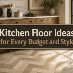 Collage of different kitchen flooring types including tile, hardwood, and vinyl.