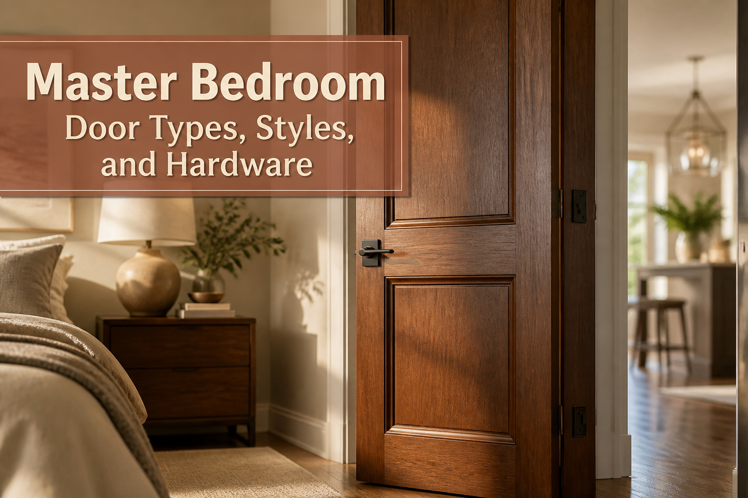 A stylish master bedroom door adds elegance to the room.