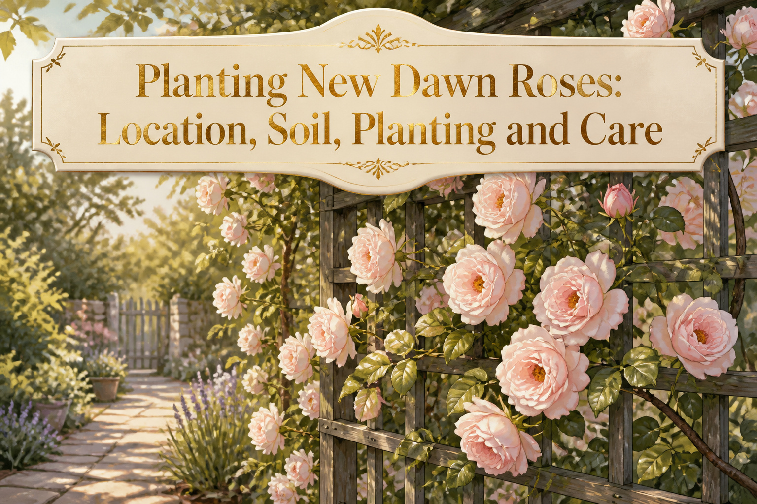 A healthy New Dawn rose bush in full bloom in a garden setting.