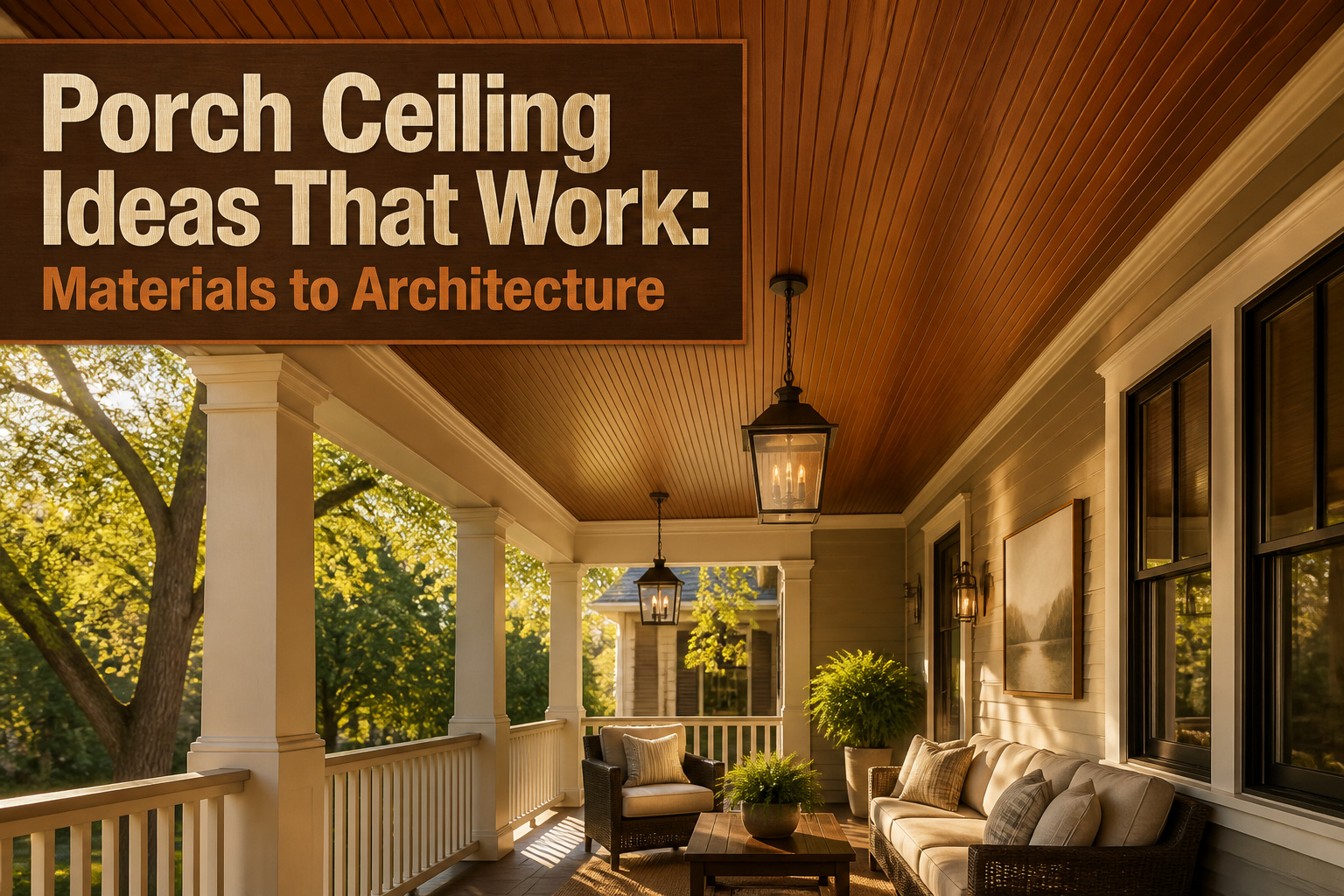 Collage of different porch ceiling designs and materials.