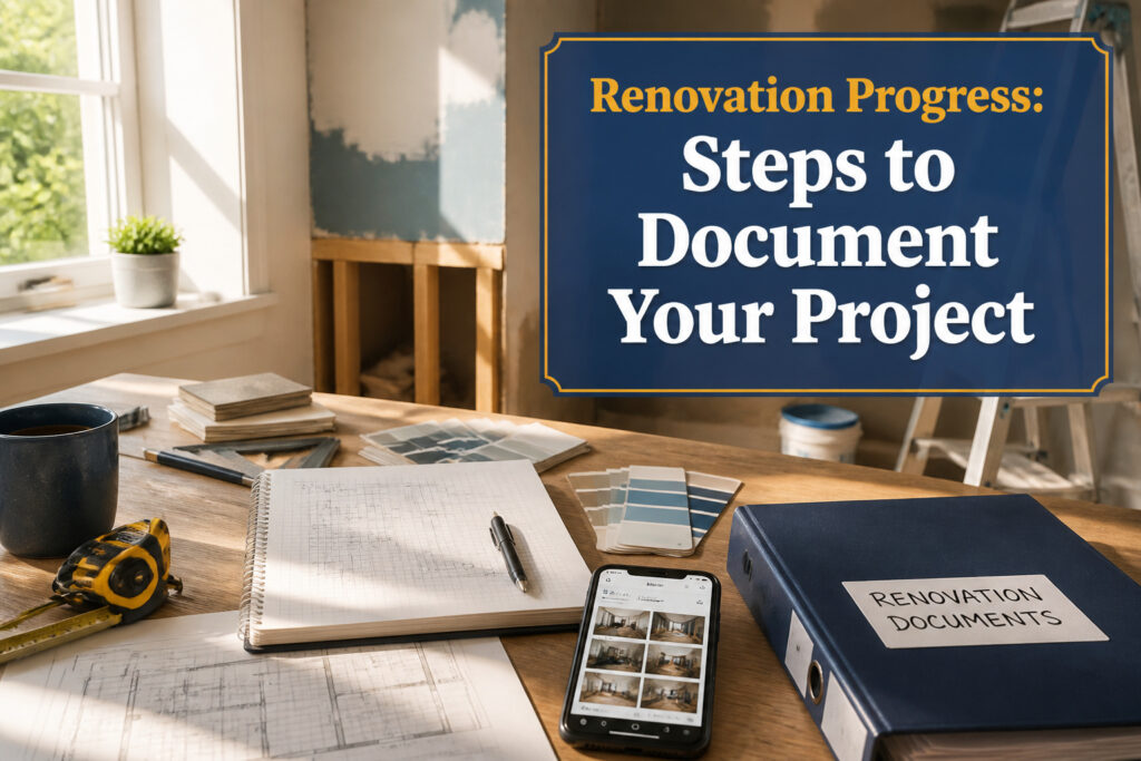 A workspace with renovation documents, tools, and a notepad on a table.