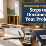 A workspace with renovation documents, tools, and a notepad on a table.
