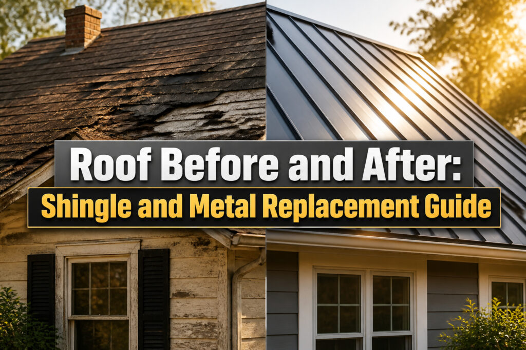 A comparison of a roof before and after replacement.