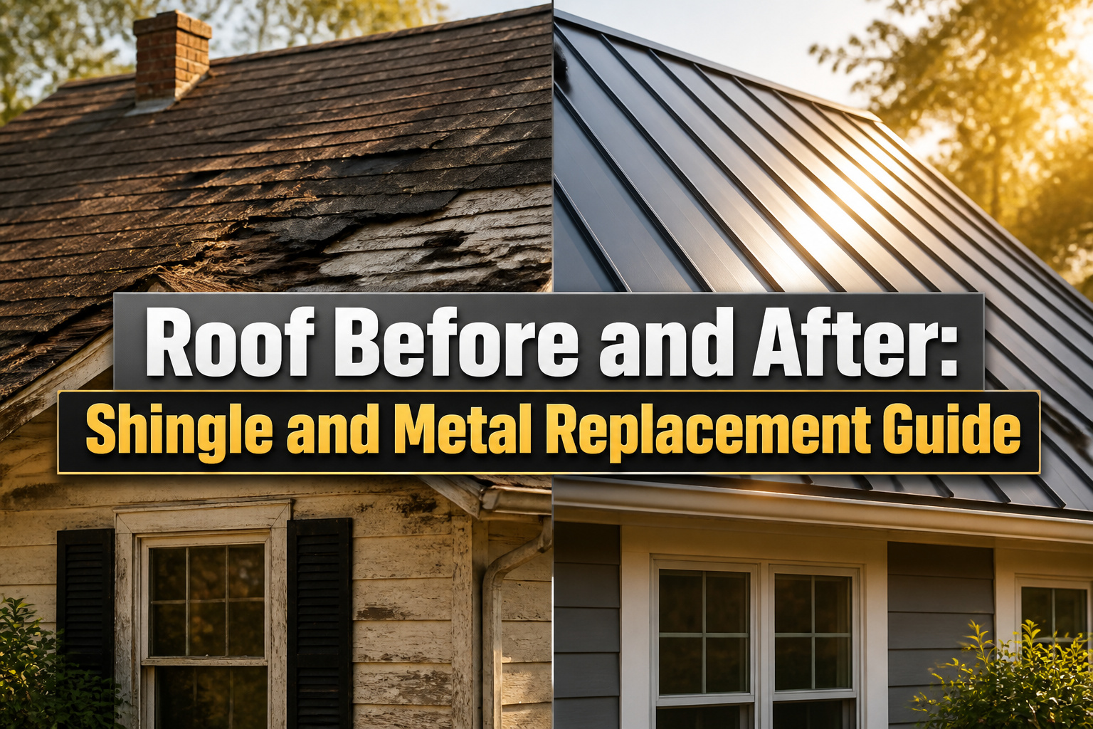 A comparison of a roof before and after replacement.
