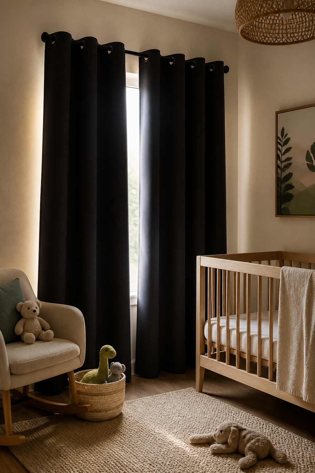 Luxurious blackout curtains in a softly lit nursery.