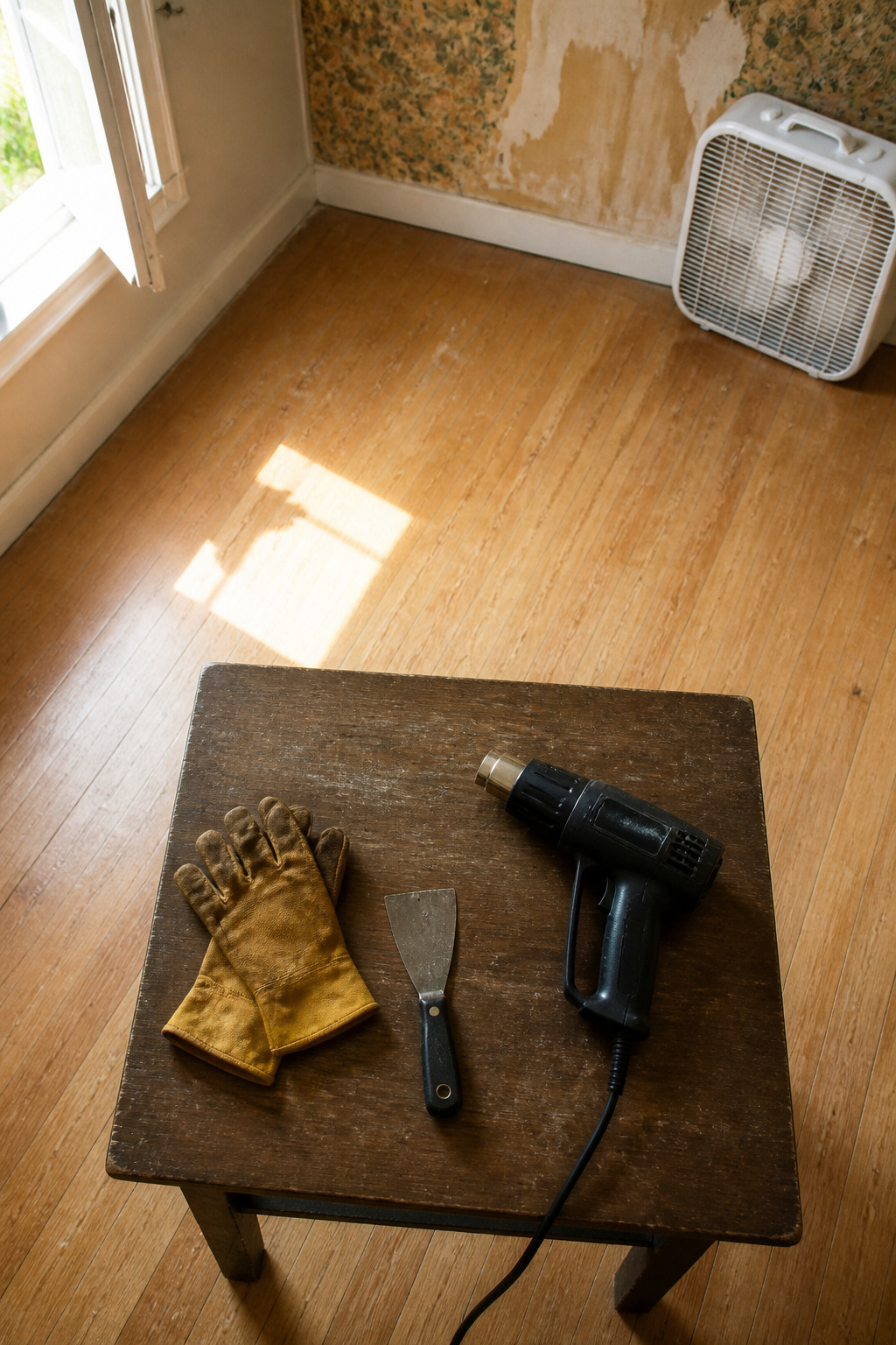 Heat gun, putty knife, and gloves on a work surface.
