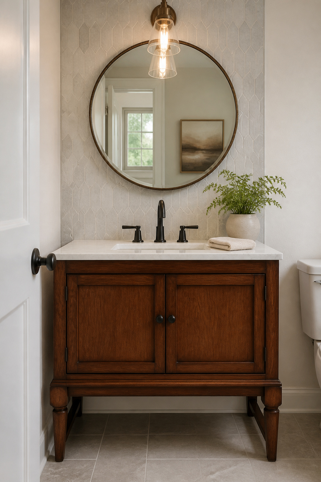 11 Half Bath Renovation Ideas for Style on a Budget (2026) 1 A repurposed cabinet vanity with a finished side panel in a half bath.