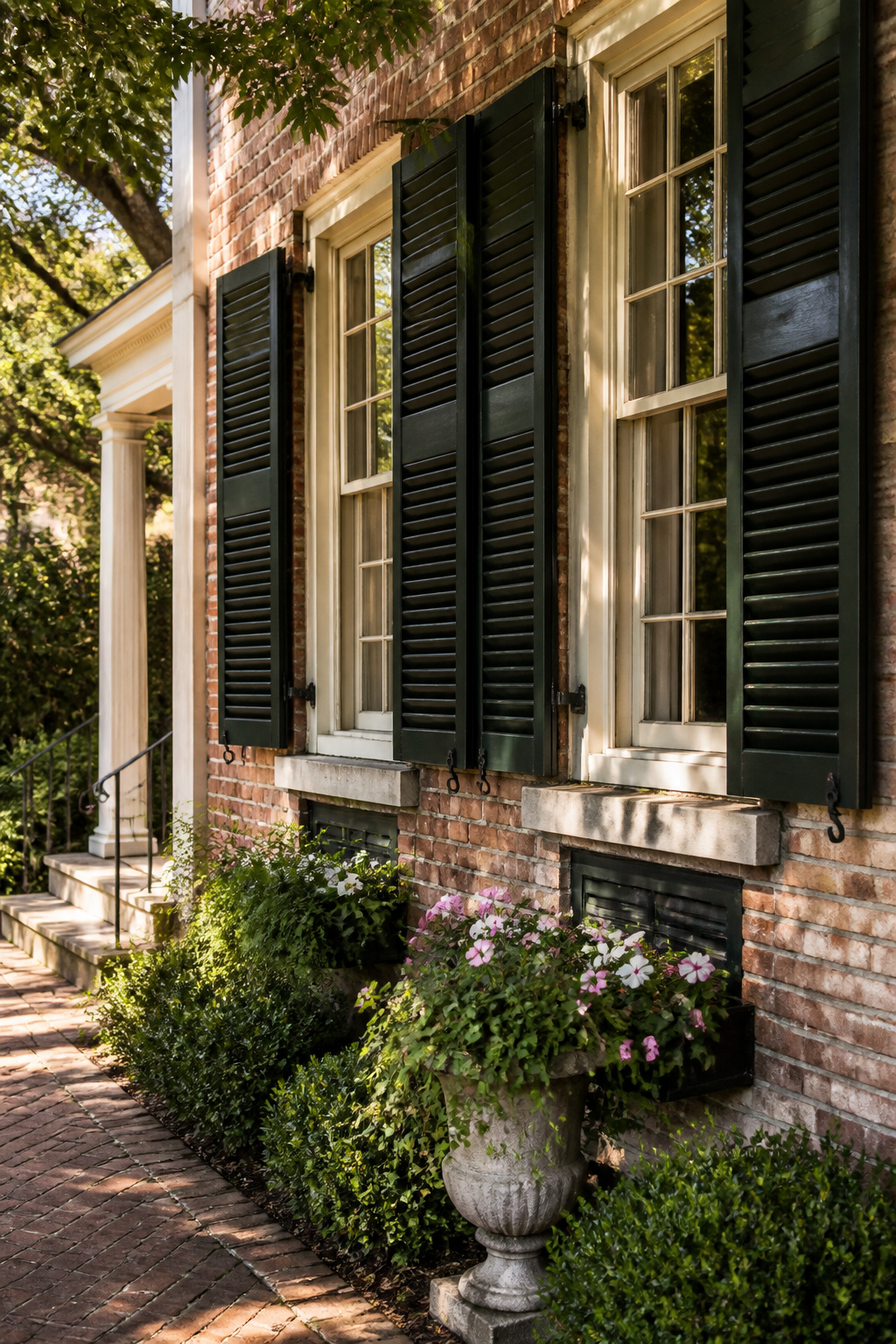 Historic home with Charleston Green shutters and a textured brick facade.