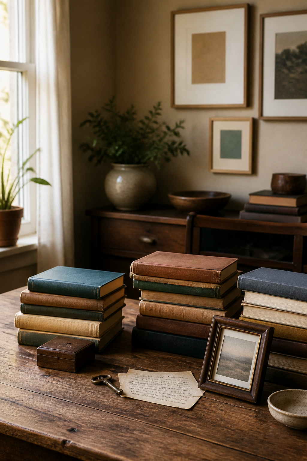 A rustic wooden table with various books and small personal items.