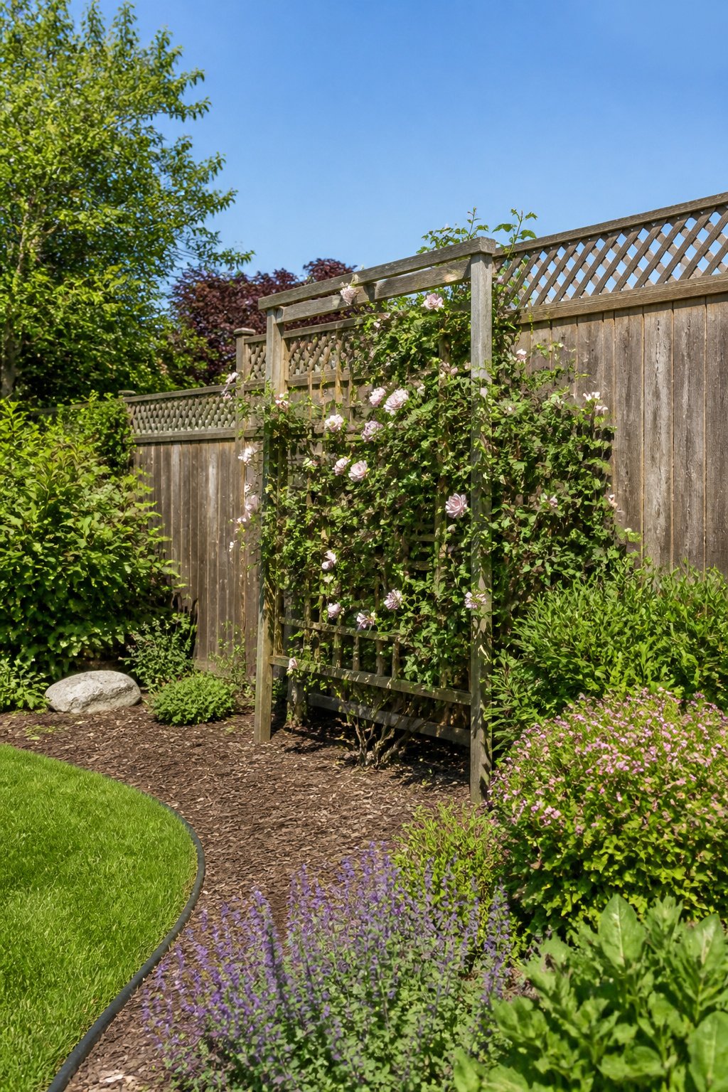 A photo showing New Dawn roses in a sunny garden location.