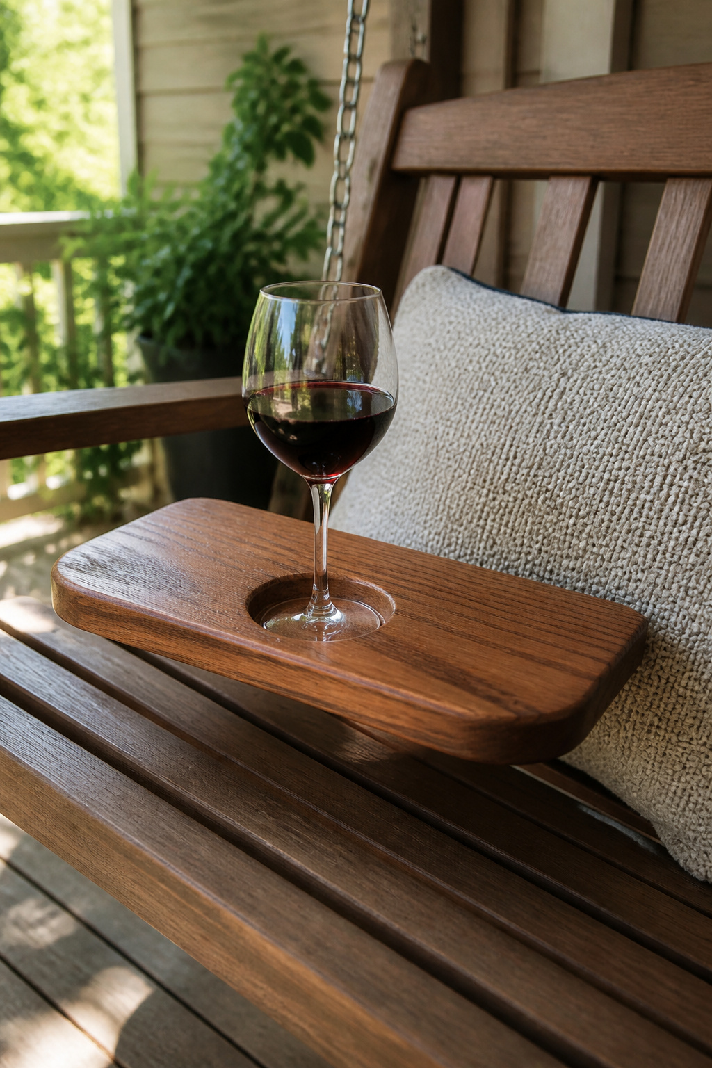 Eucalyptus Porch Swing Wine Glass Holder: Tray Table and Clamp Design 1 Eucalyptus tray showing dimensions and drink slot design.