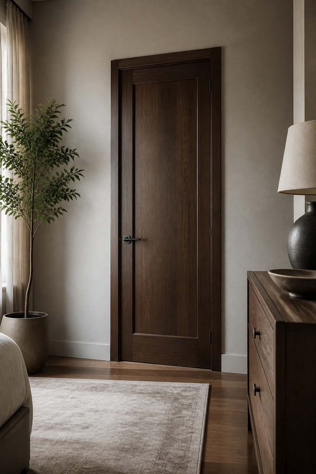 A solid-core door made of rich wood stands in a hallway.