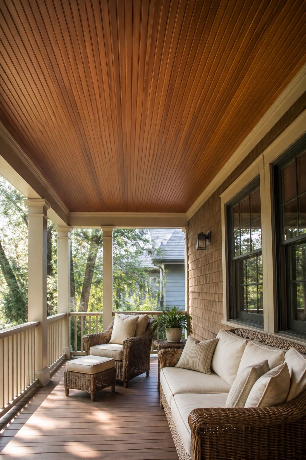 Wood beadboard ceiling in a cozy front porch setting.