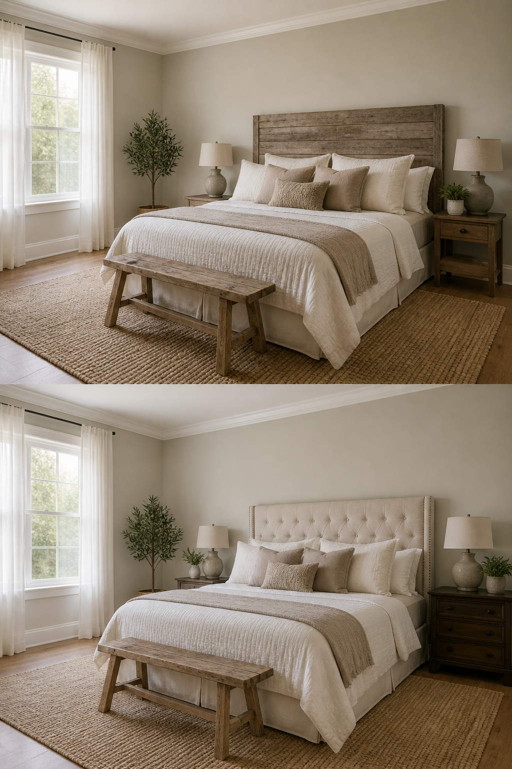 Farmhouse bedroom with neutral colors and muted earth tones.