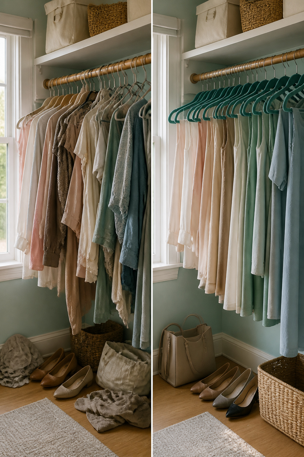 A set of slimline velvet hangers holding various garments.