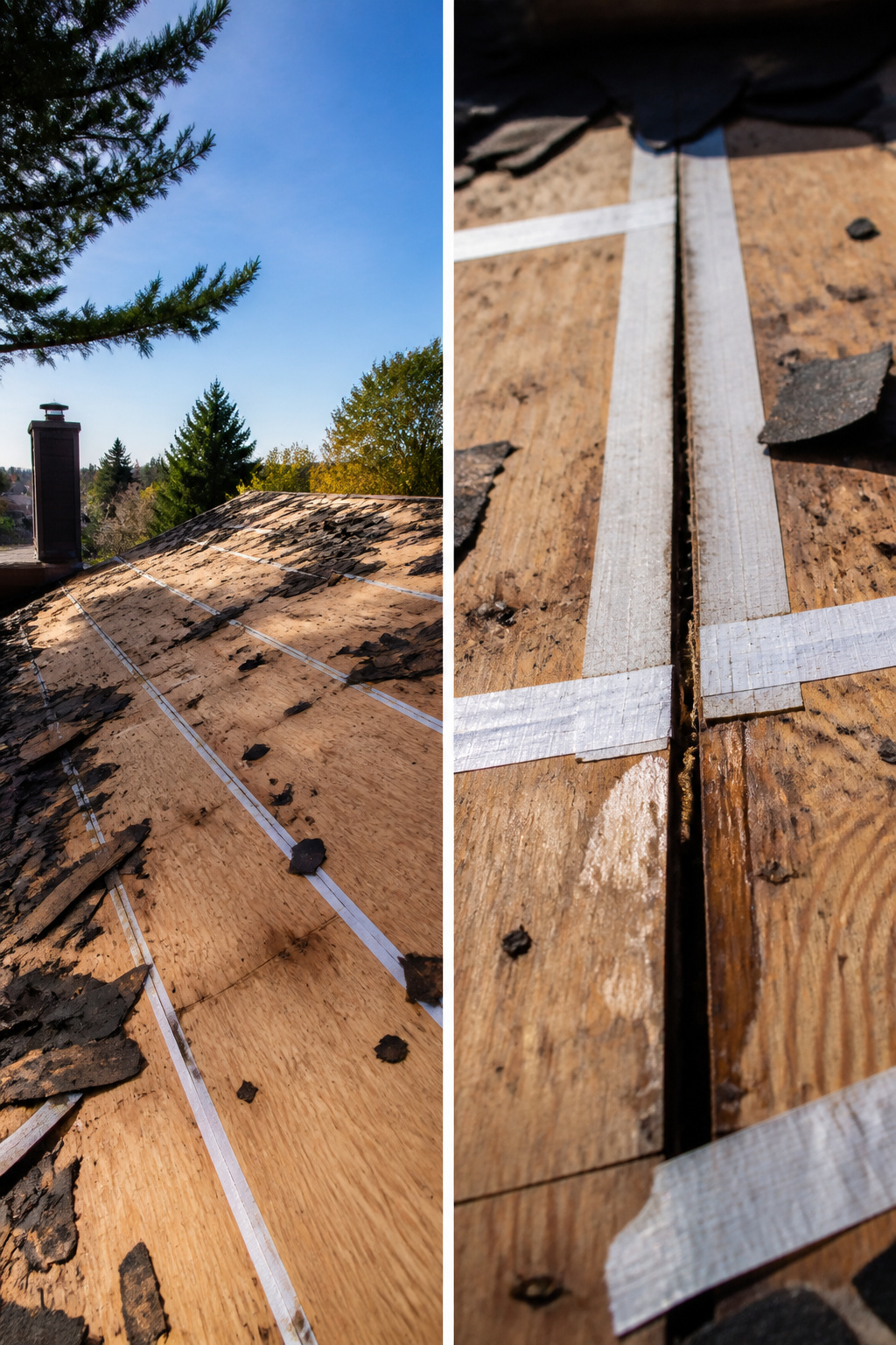 A close-up of plywood decking with visible seams and tape.