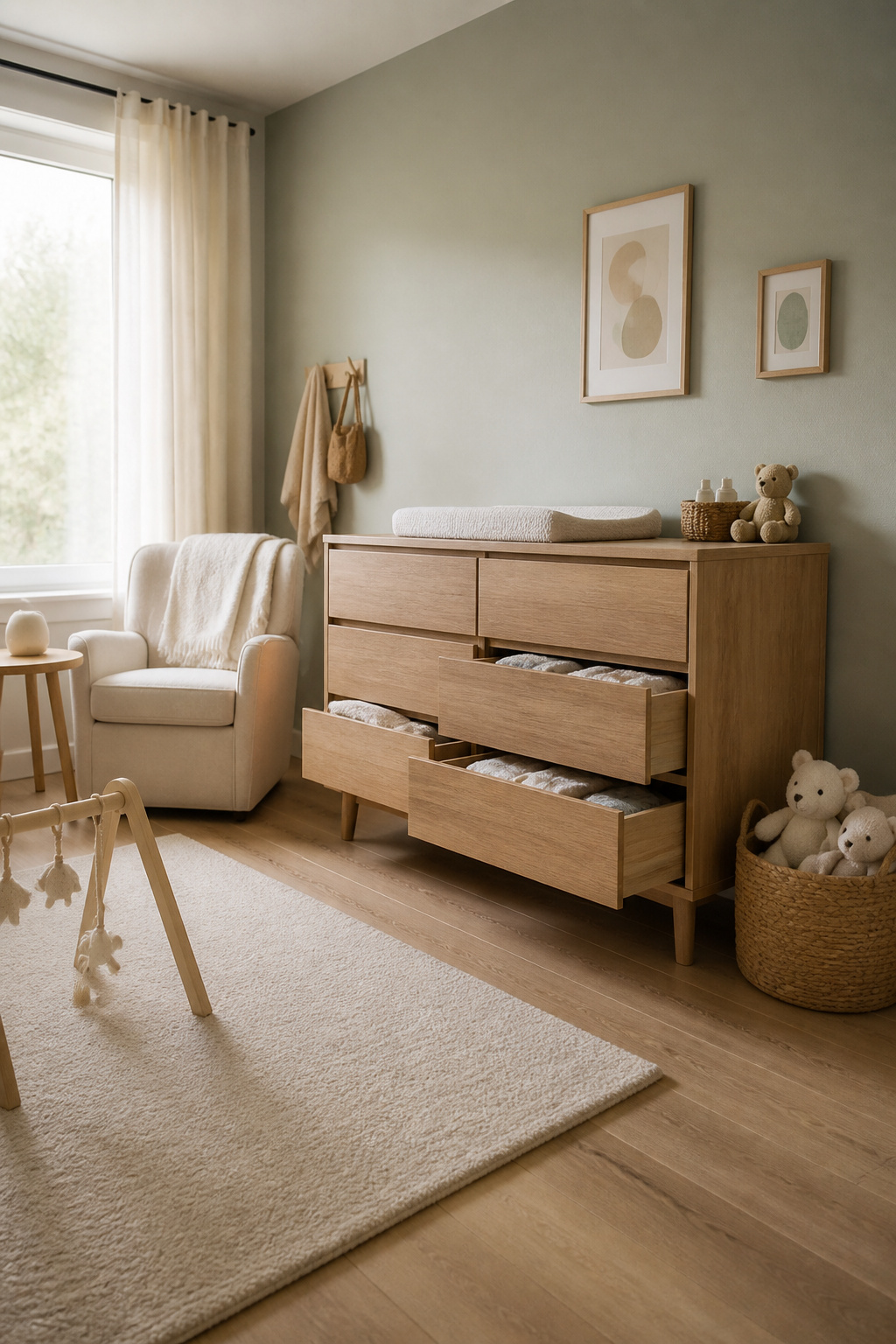 A sleek family dresser with multiple drawers in a nursery.