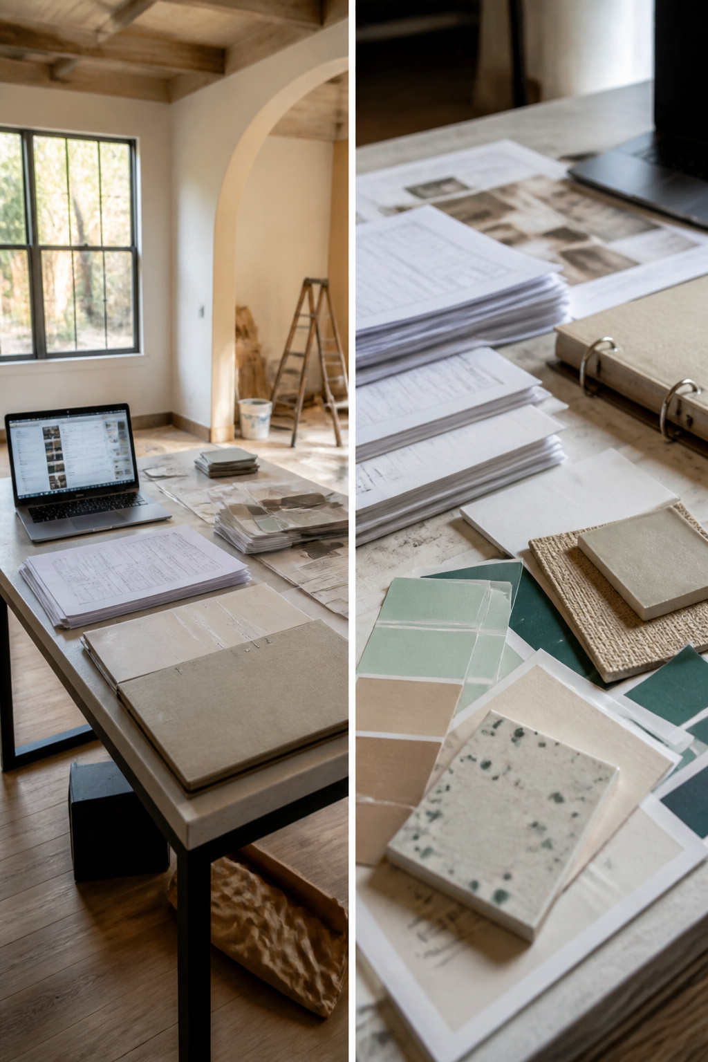 A photo showing a renovation project in progress with various documents.