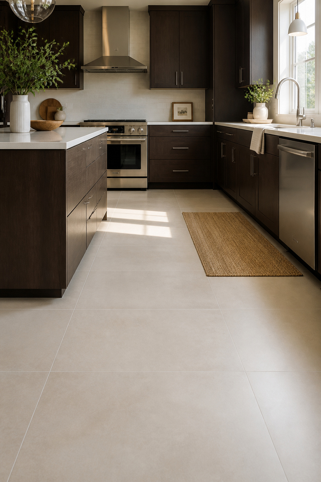 Spacious kitchen with large-format matte porcelain tile in cream color.