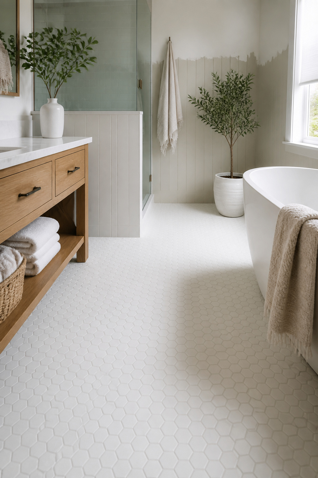 White Hexagon Tile Floor: Materials, Specs and Installation Guide 1 Freshly installed white hexagon matte porcelain mosaic tile floor.
