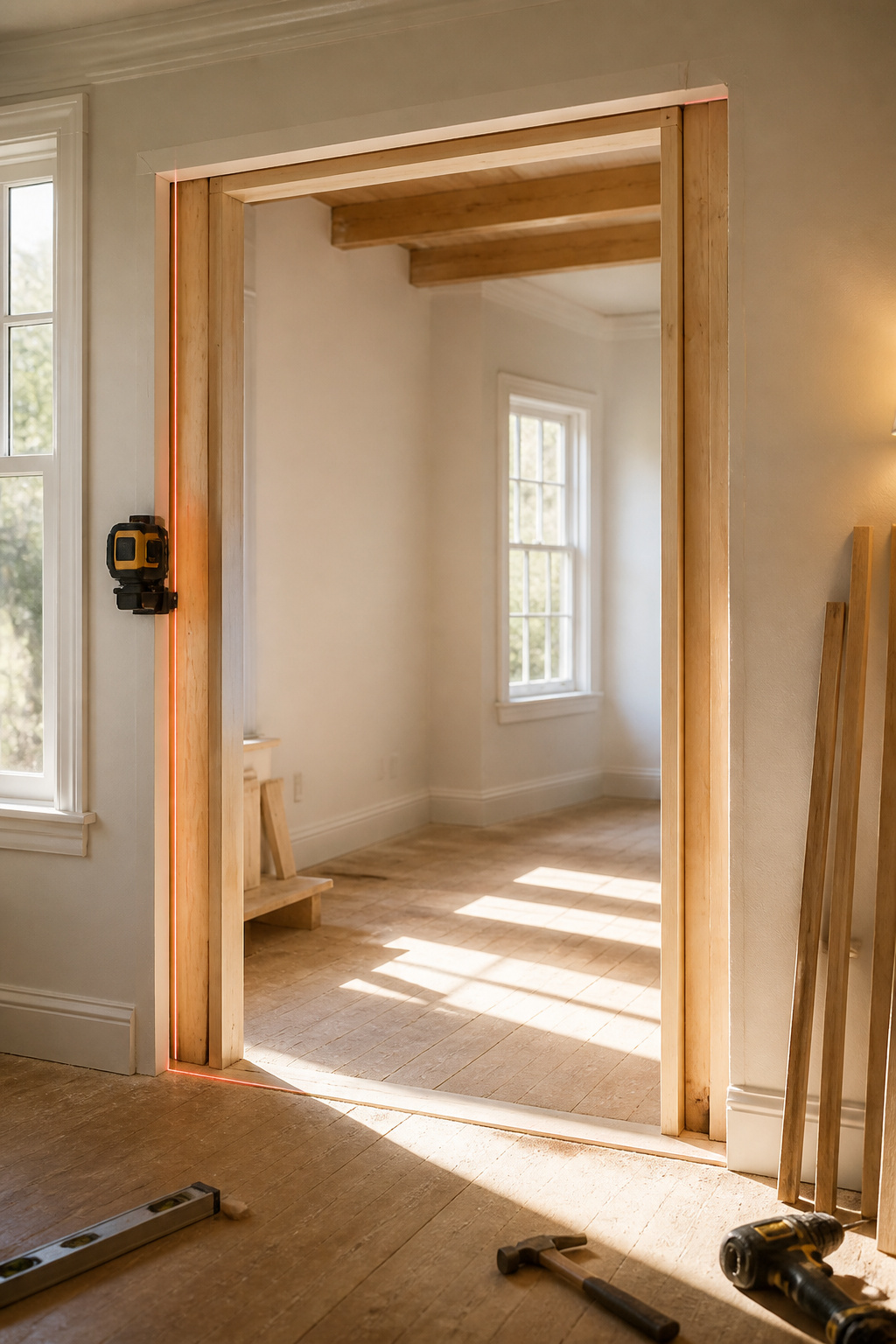 Close-up of a rough opening for French doors with fresh wood framing.
