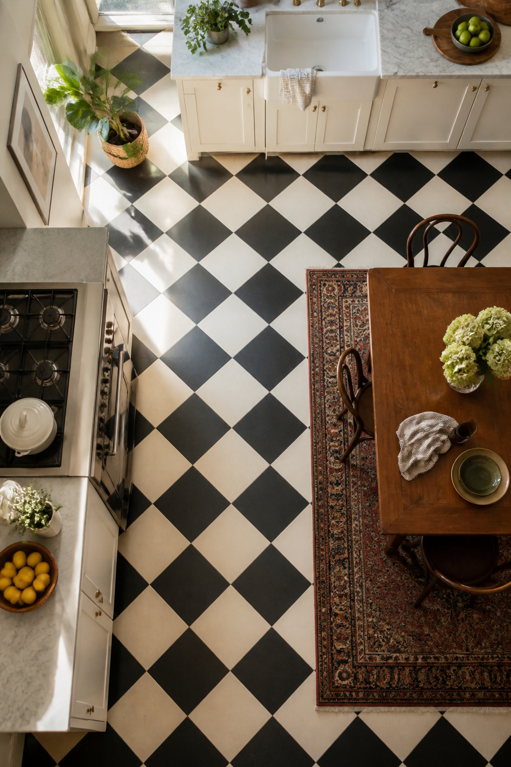 Kitchen floor displaying a black and white checkerboard pattern.