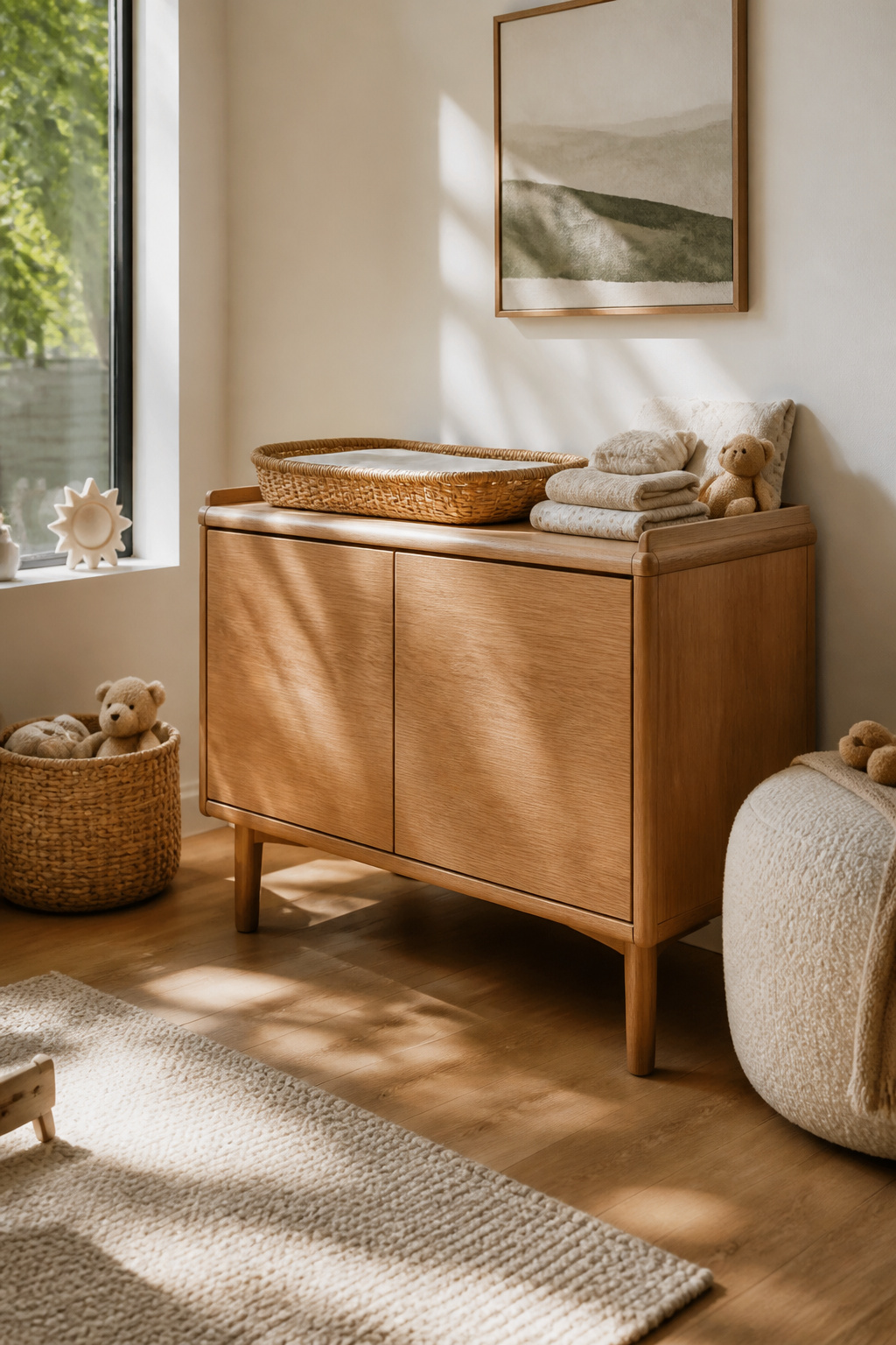 Castlery Kinsley Sideboard with towels and linens in a nursery.