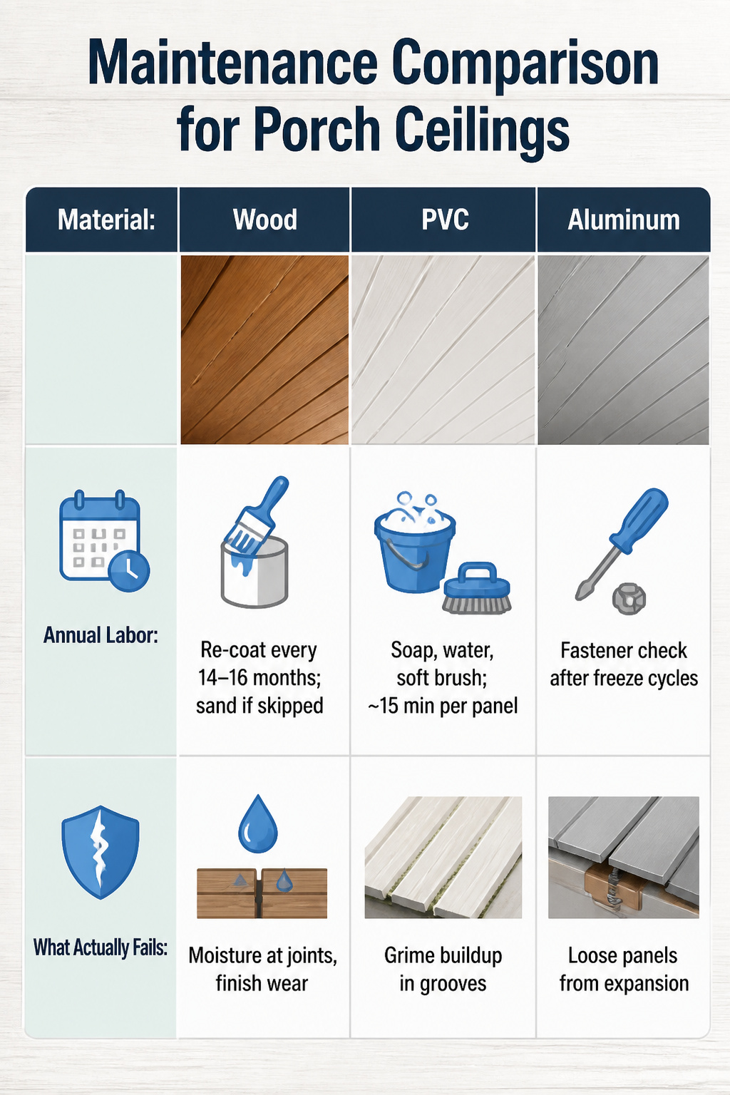 Table comparing maintenance needs for porch ceiling materials.