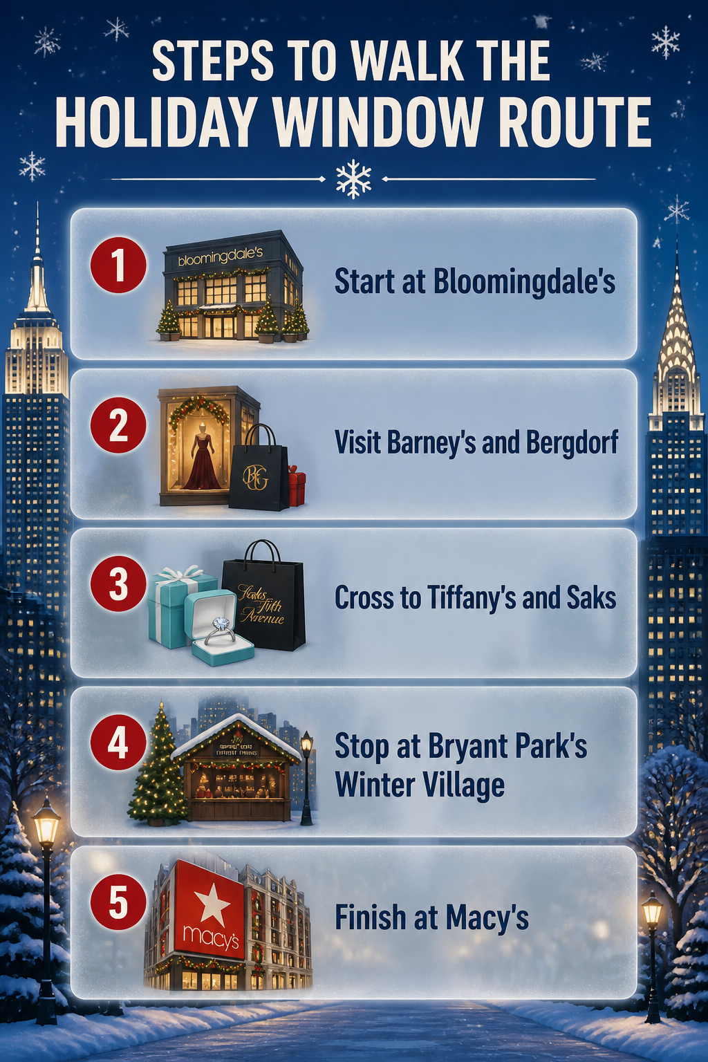 Information graphic detailing the steps for the holiday window route.