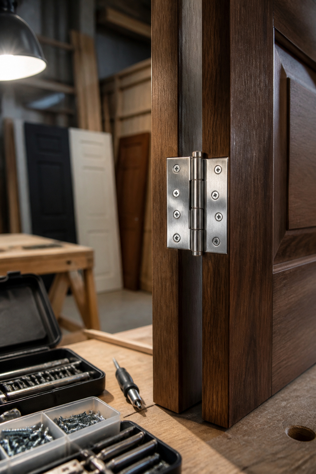 Close-up of a door hinge and hardware in a workshop setting.