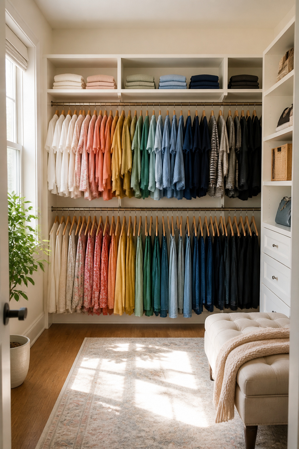 Categories of clothing organized by color in a closet.
