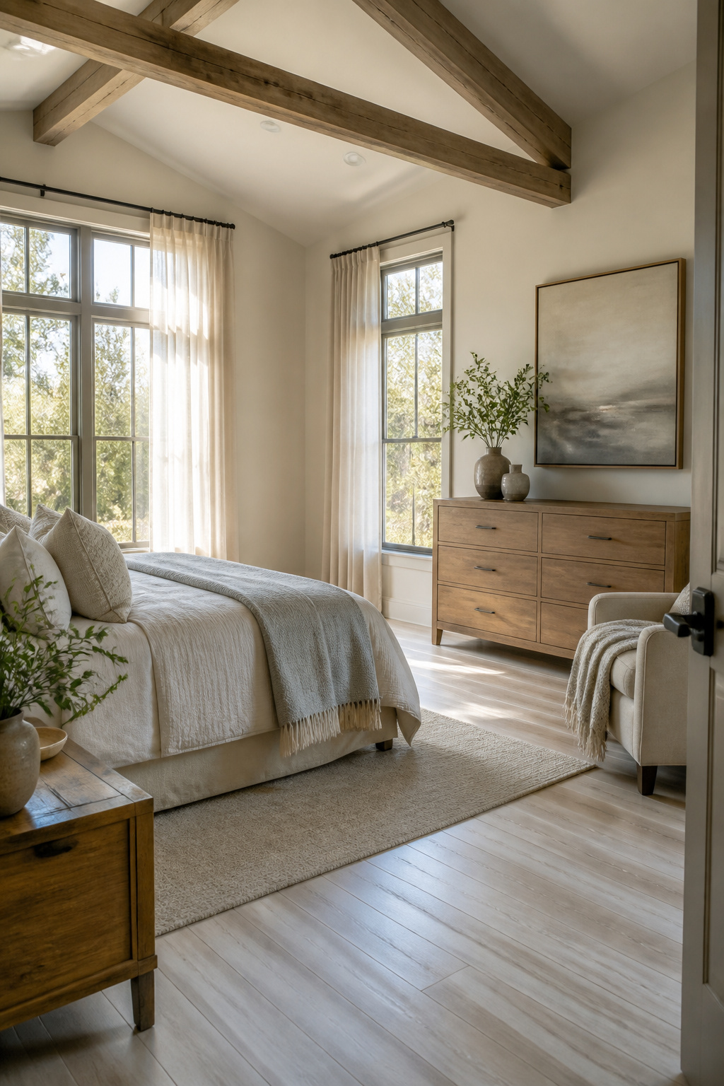 Farmhouse bedroom with large windows and sheer linen curtains.