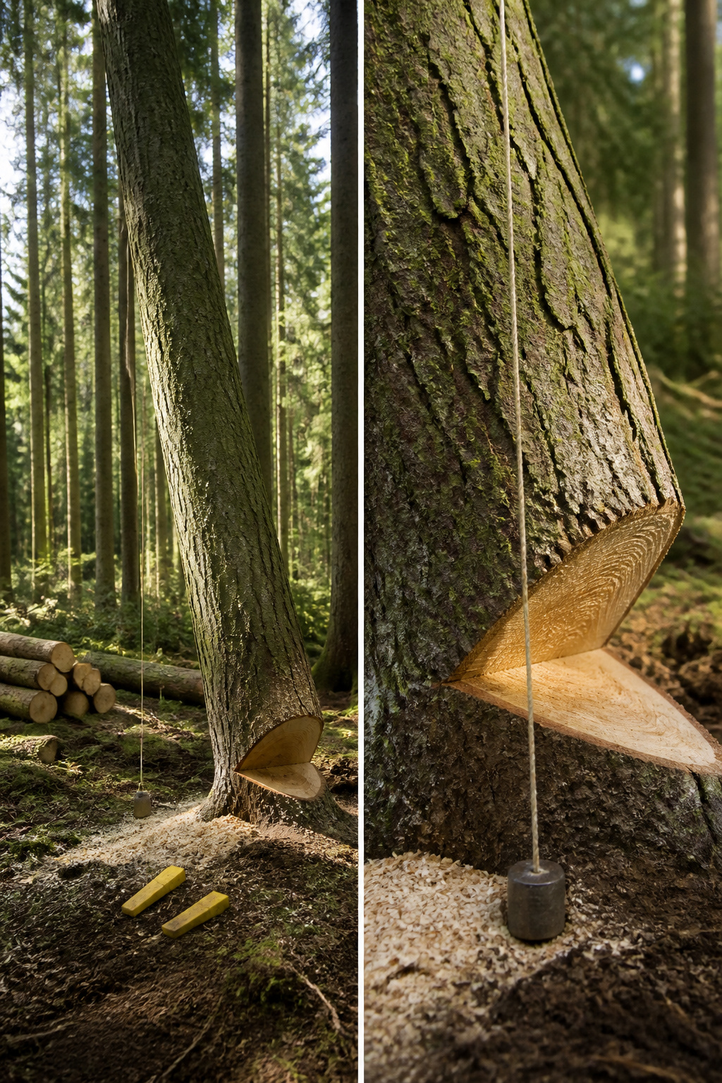 A tree leaning away from the intended fall direction.