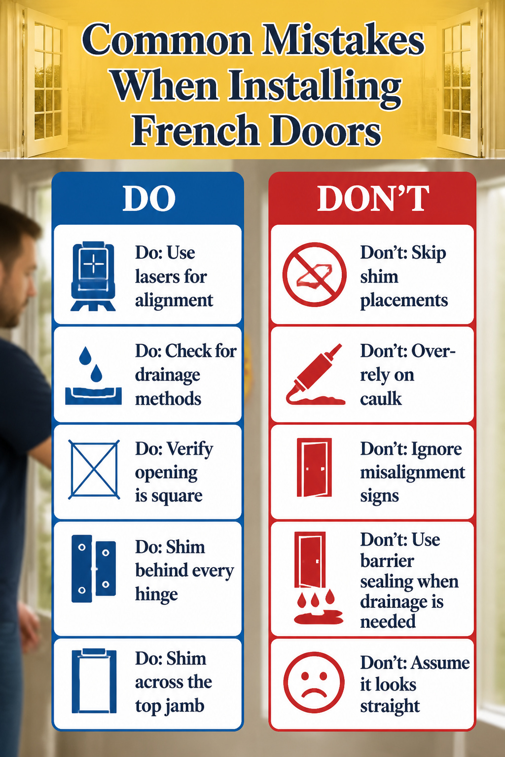 Illustration showing common mistakes when installing French doors.
