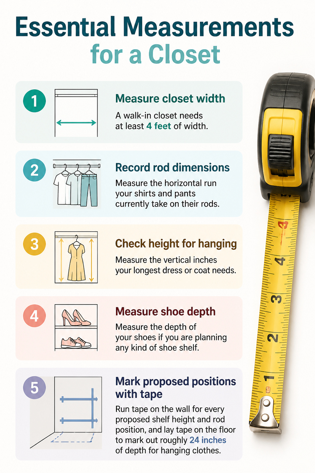 A tape measure next to closet dimensions and layout guidelines.