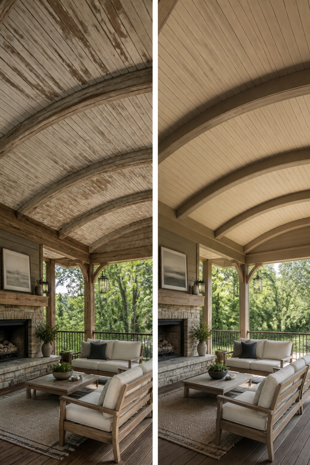 Aluminum panels contrasted against traditional porch architecture.