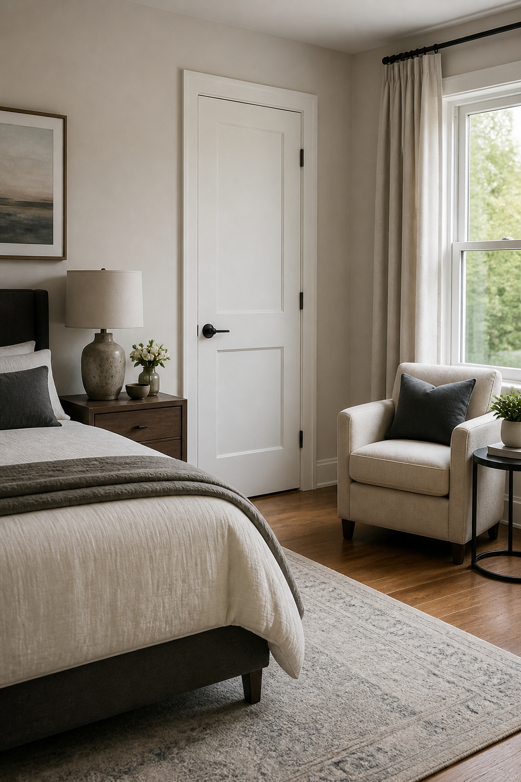 A well-fitted door in a master bedroom highlights careful installation.