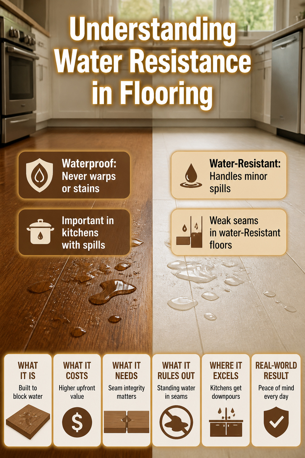 Information image explaining the difference between waterproof and water-resistant flooring.