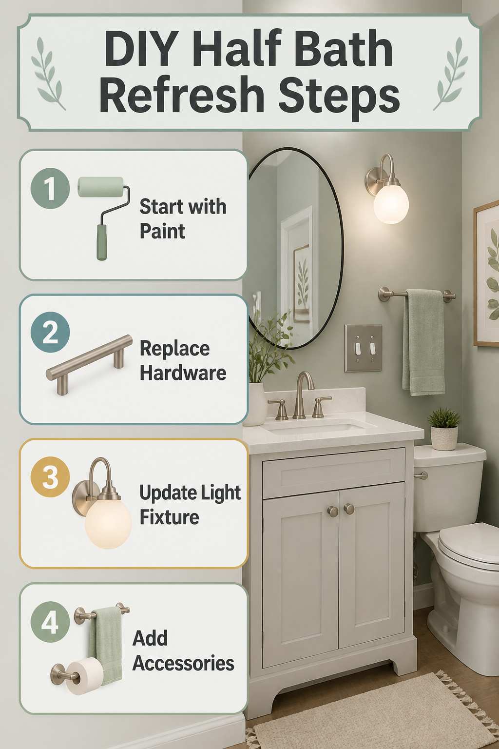 11 Half Bath Renovation Ideas for Style on a Budget (2026) 11 Steps for a DIY half bath refresh displayed visually.