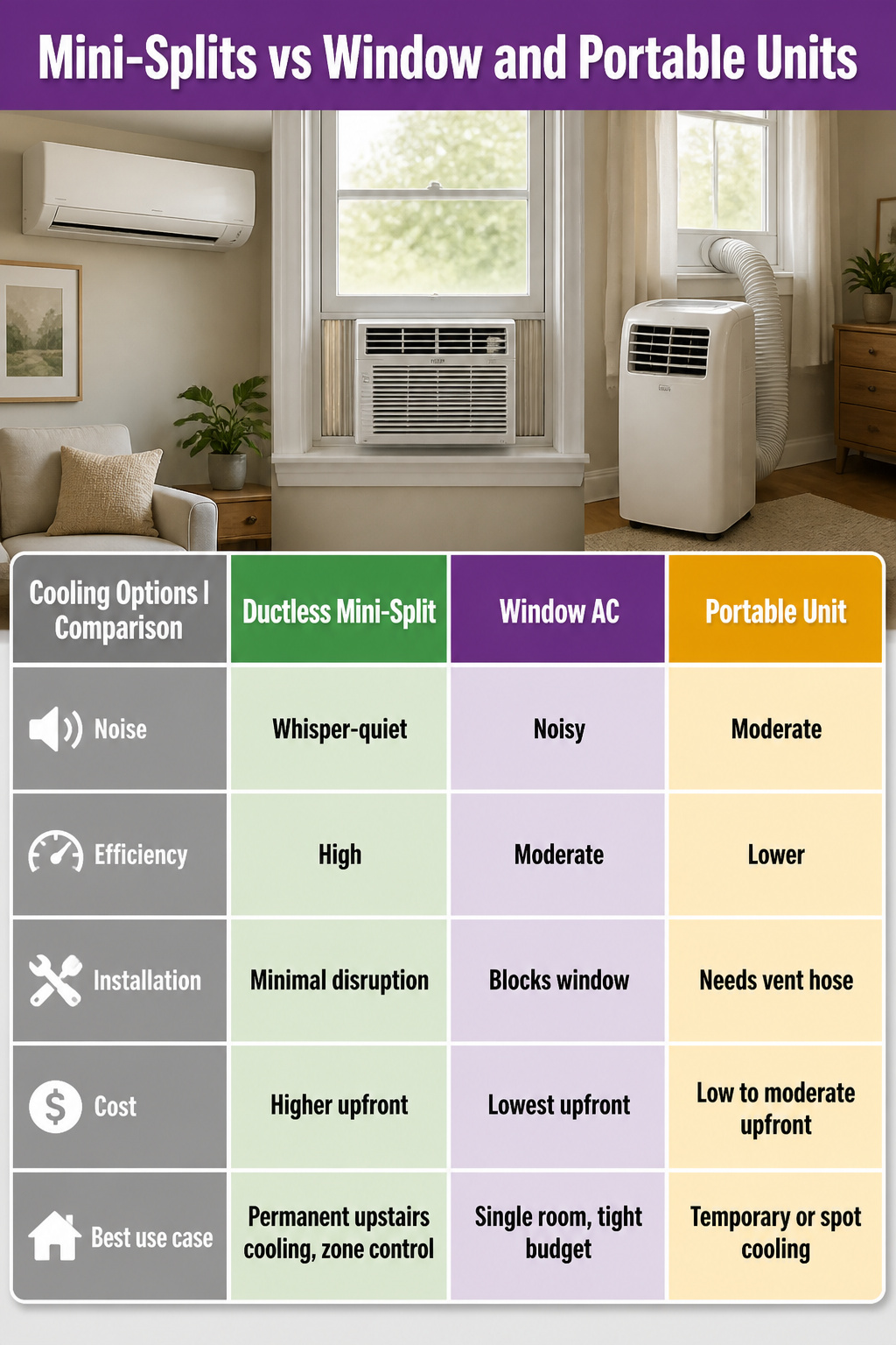 How to Cool Upstairs with Air Conditioning: 10 Steps for 2026 12 Table comparing ductless mini-splits, window units, and portable units.