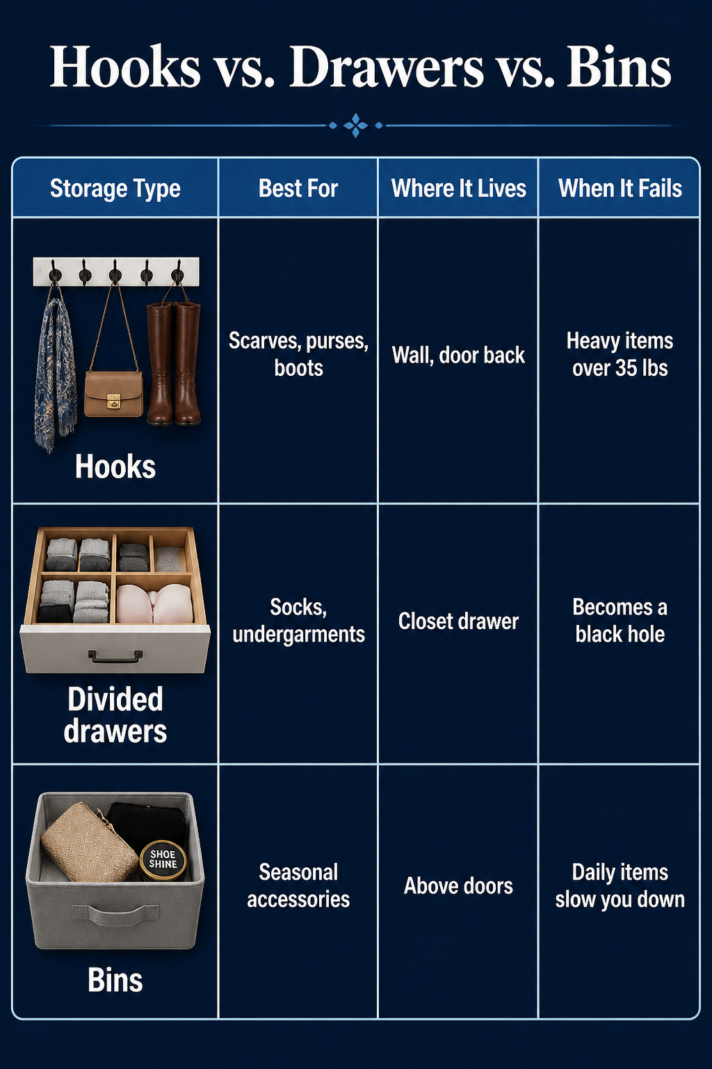 Comparison of hooks, drawers, and bins for closet storage.