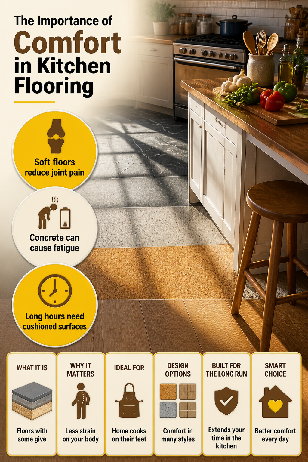 Image highlighting the importance of comfort in kitchen flooring.
